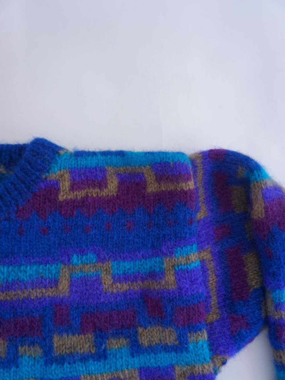 Handmade Nepal Blue Purple Geometric Fuzzy Wool Nordic Knit Sweater Nordic L - Picture 9 of 10